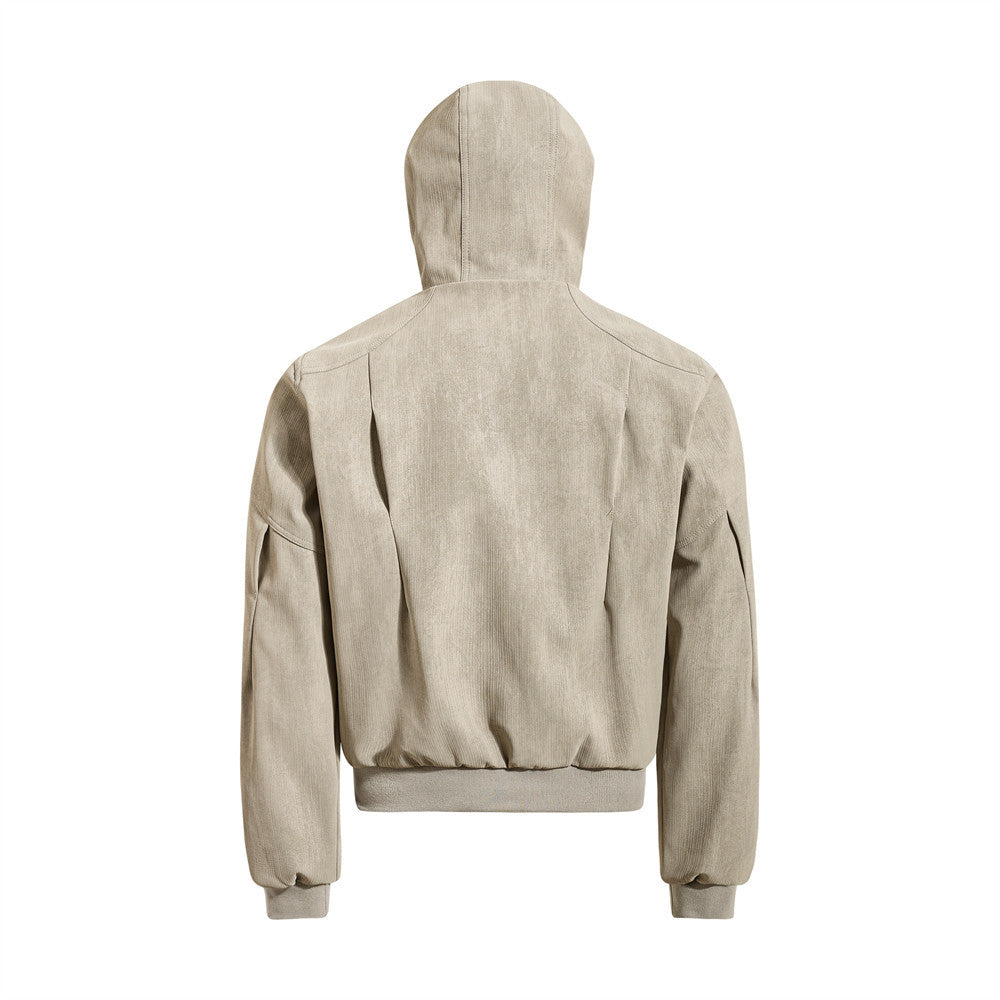 Hooded loose fit zip-up faux leather jacket