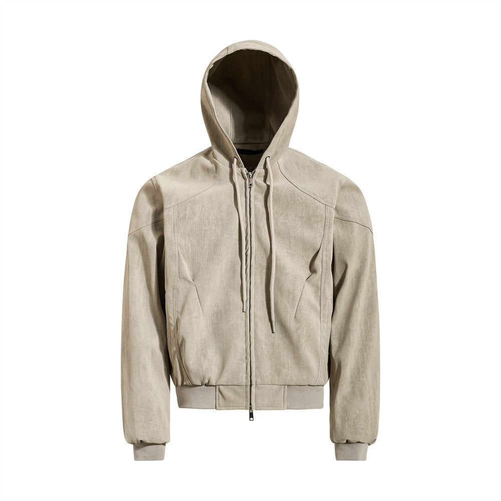 Hooded loose fit zip-up faux leather jacket