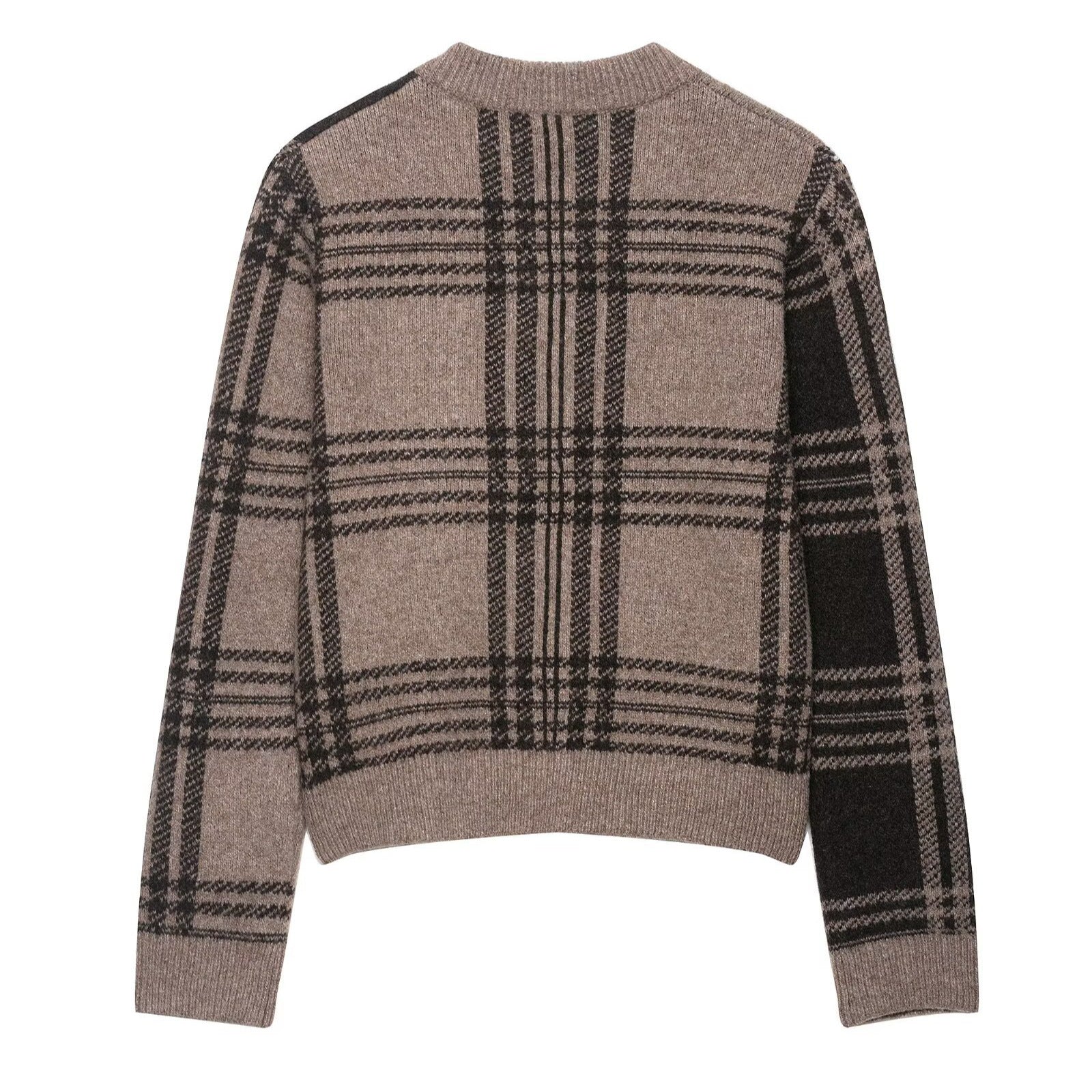 Image of Plaid round neck button-front knit cardigan
