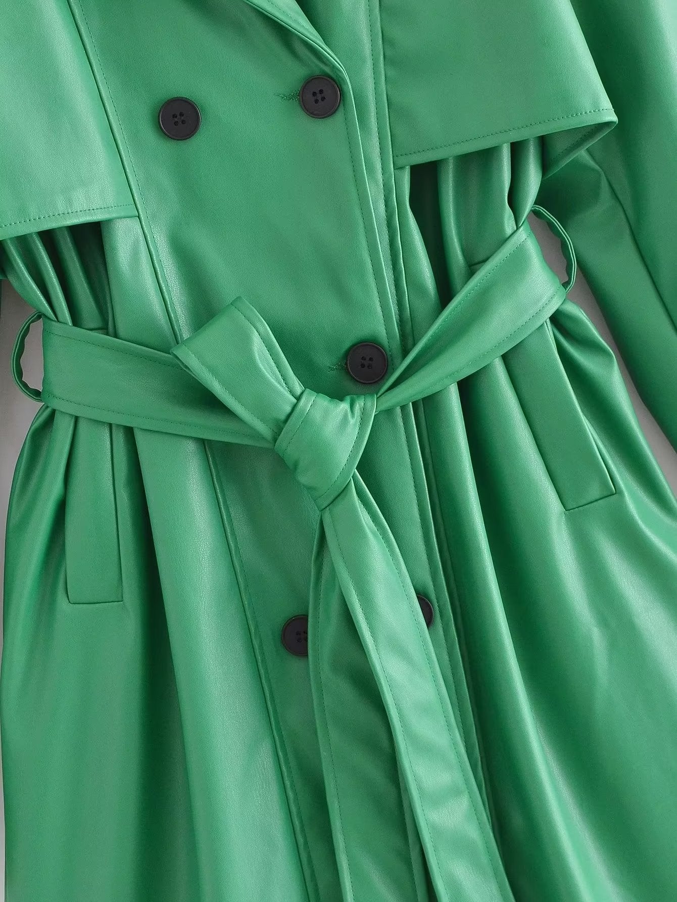 Image of Trench coat de mujer de piel sintética con doble botonadura y cinturón