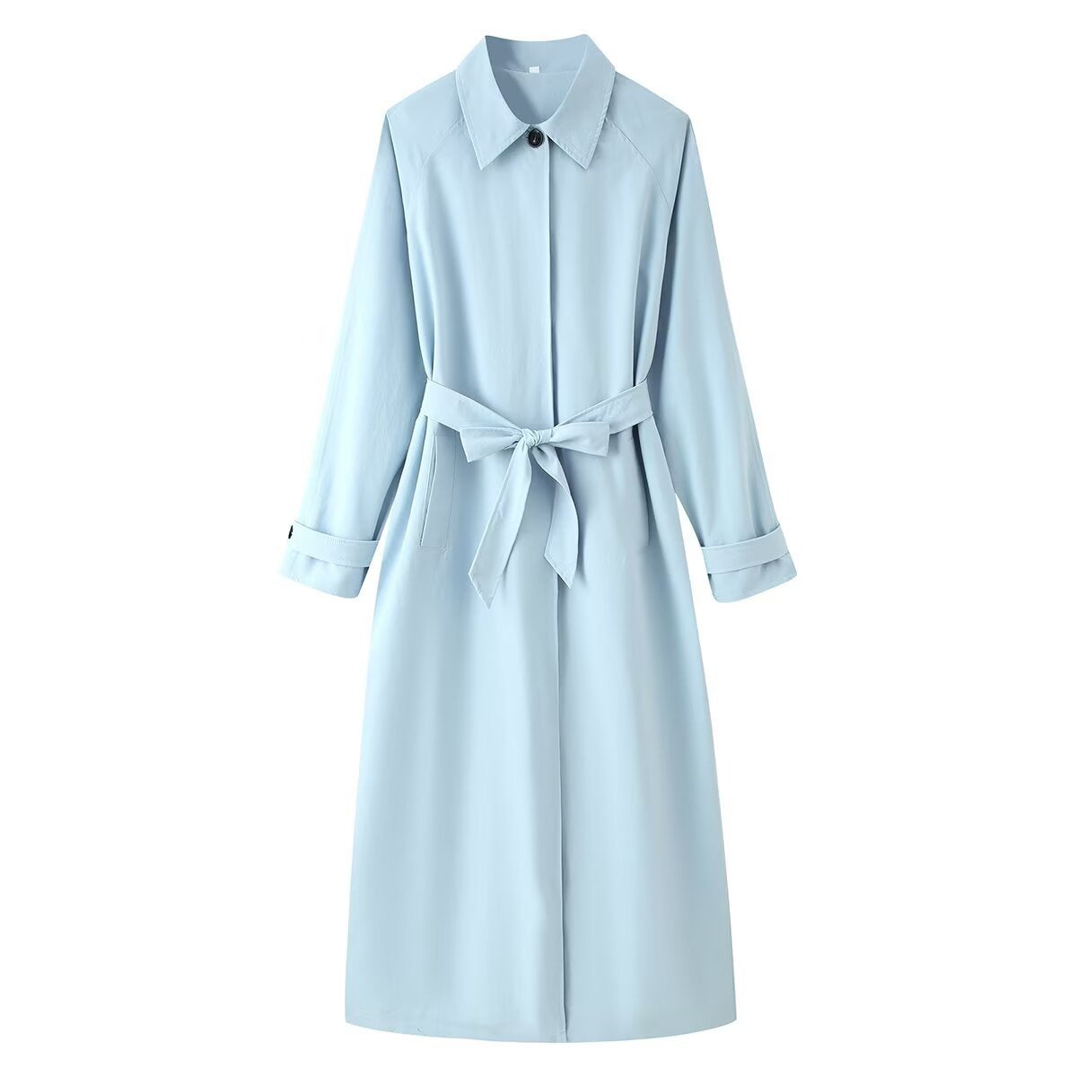Women's light blue long belted trench coat