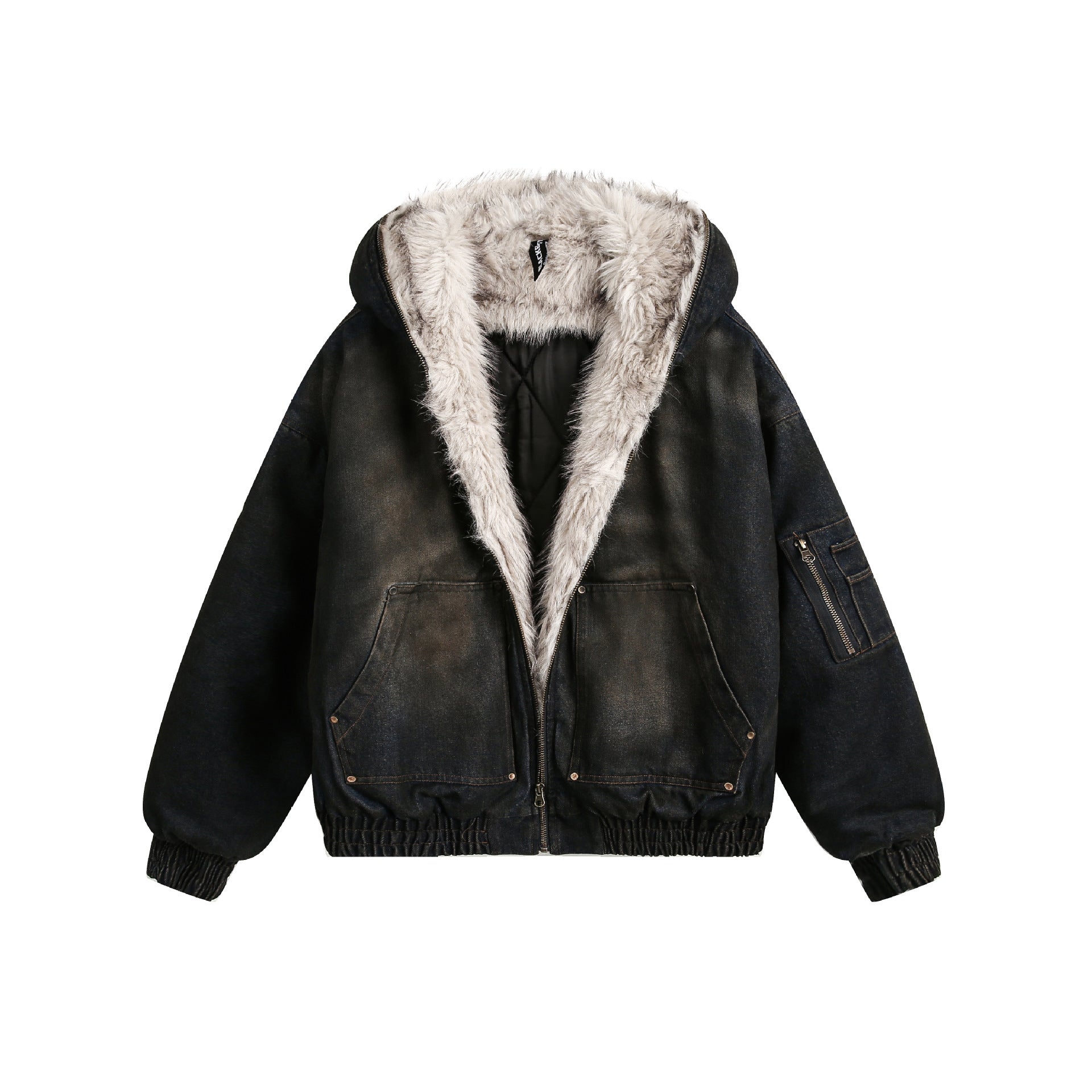 Image of Zeratta Women's dark blue fur collar polyester zip-up jacket