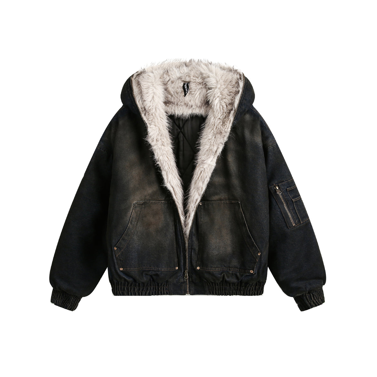 Zeratta Women's dark blue fur collar polyester zip-up jacket