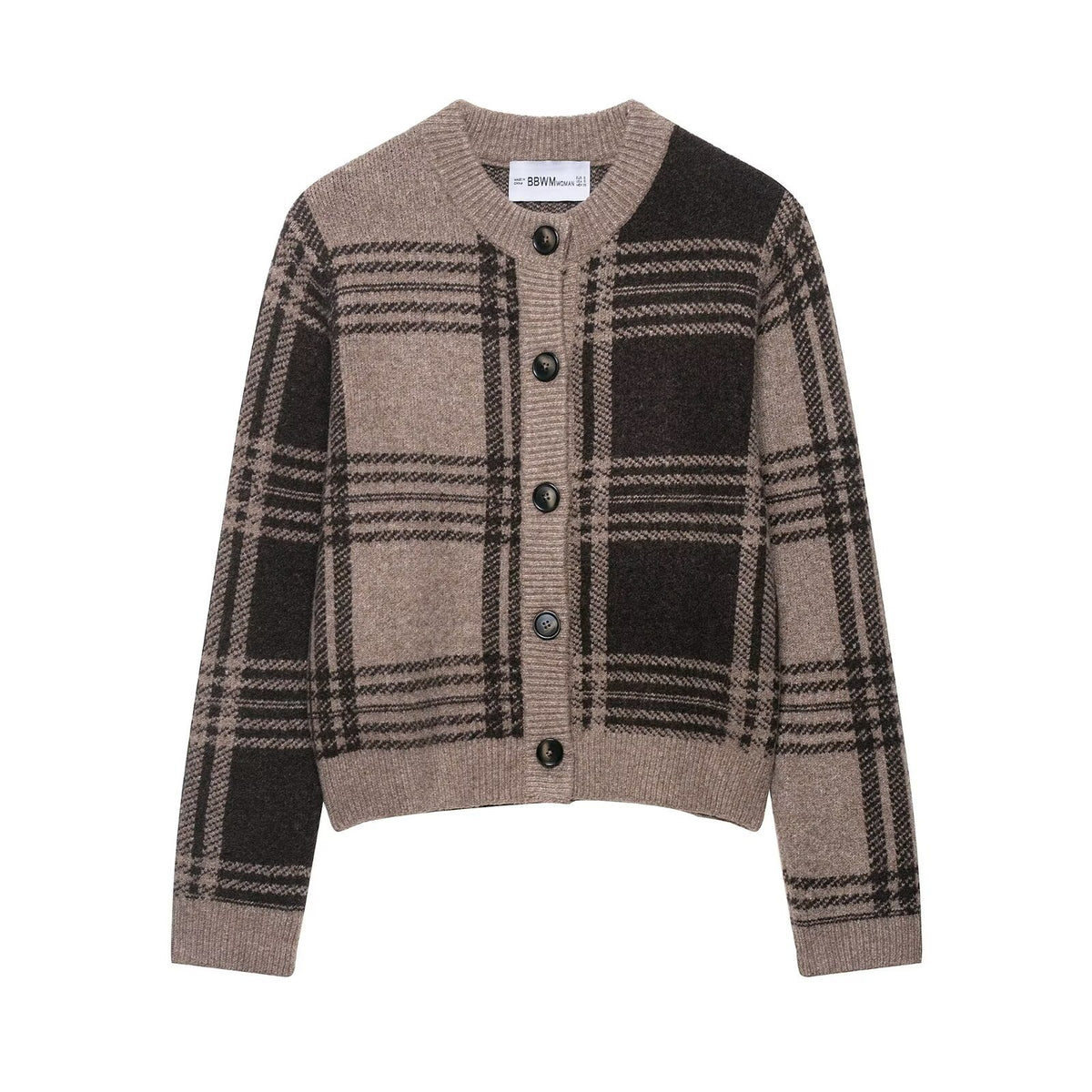 Zeratta Plaid round neck button-front knit cardigan