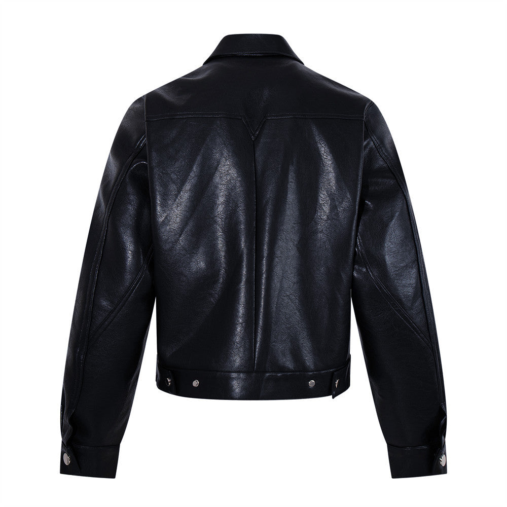 Image of Black stand collar faux leather biker jacket