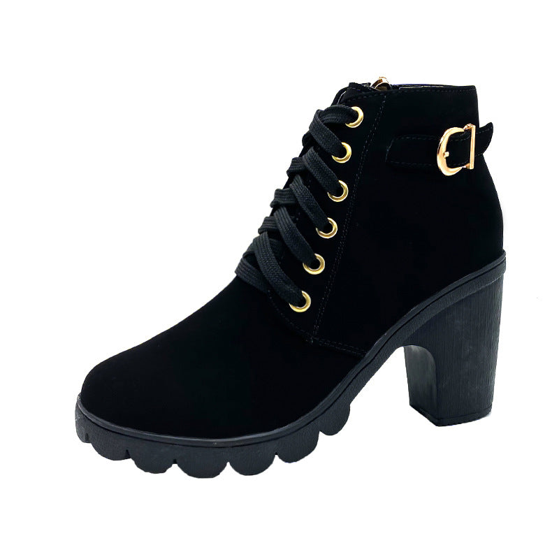 Women's buckle-detail faux leather chunky heel ankle boots