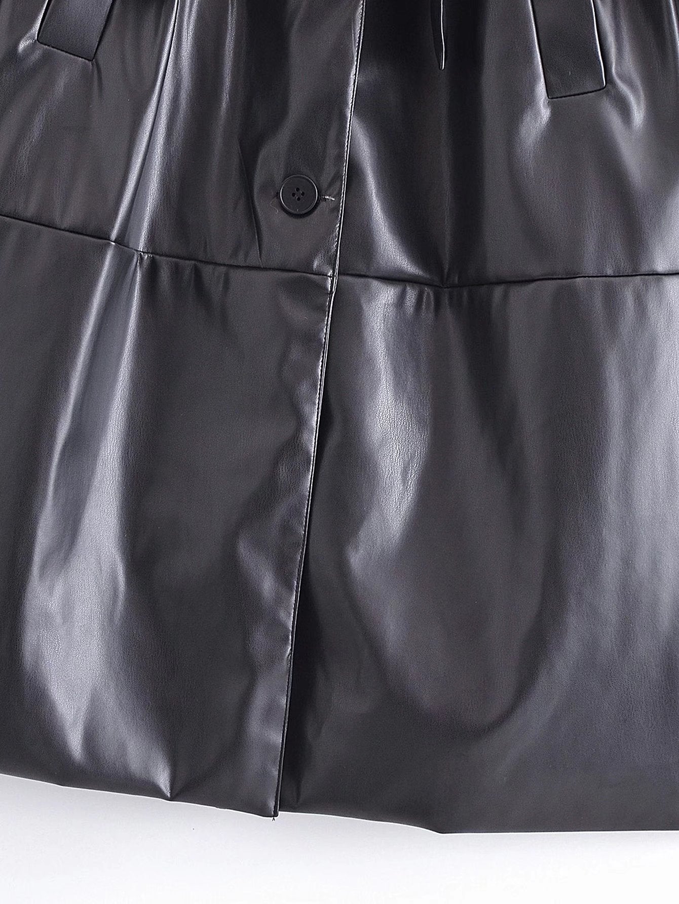 Image of Black belted faux leather trench coat