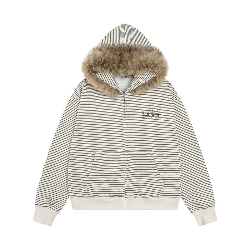 Zeratta Women's striped detachable fur collar zip-up hoodie