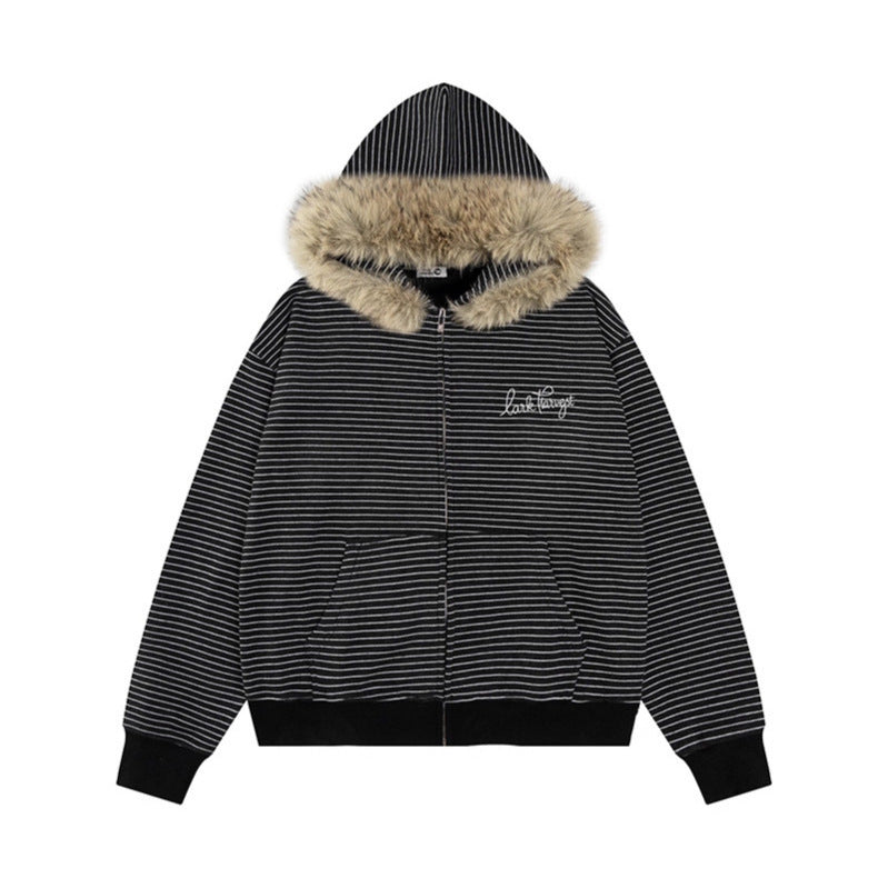 Women's striped detachable fur collar zip-up hoodie