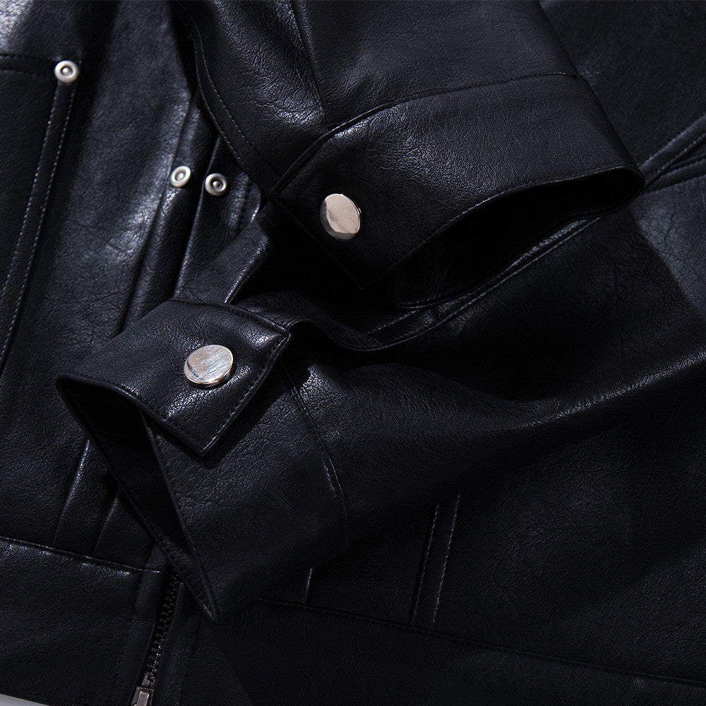 Image of Black stand collar faux leather biker jacket