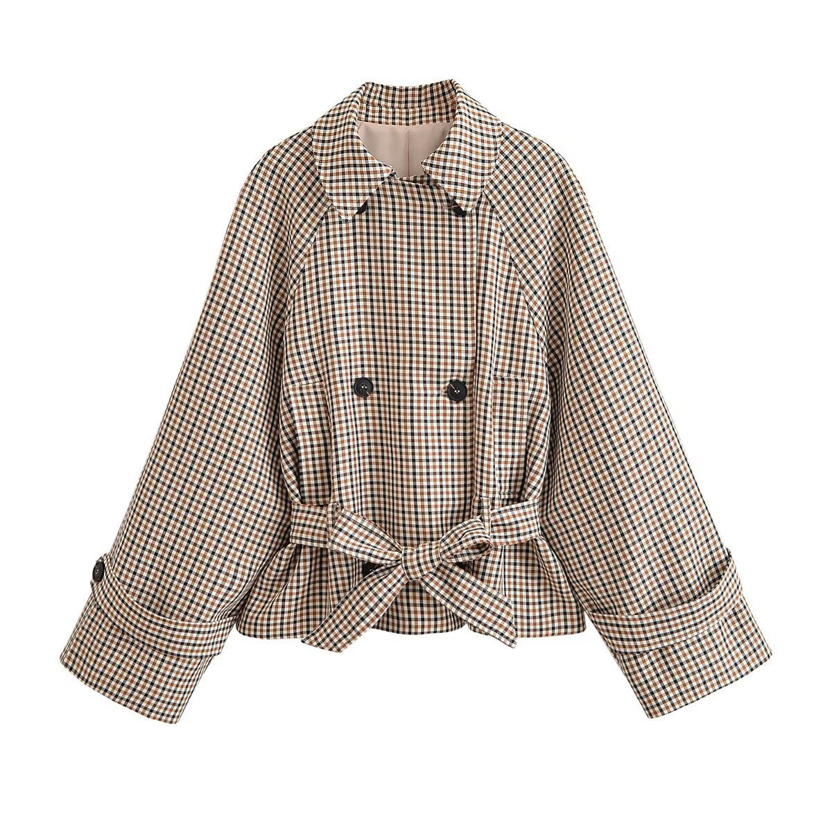 Chaqueta corta estilo trench de cuadros con cordones para mujer