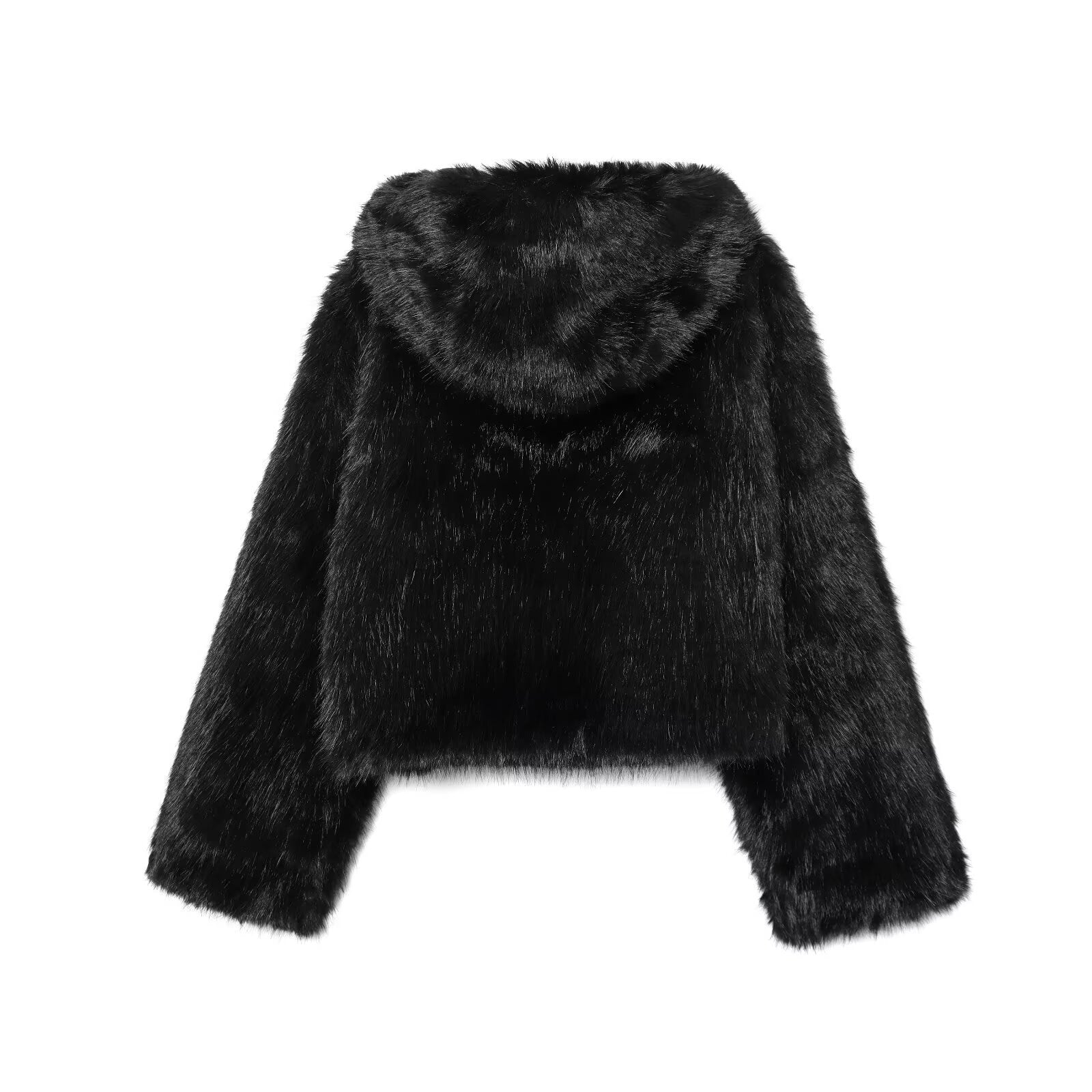 Image of Black hooded fur-effect zip-up jacket
