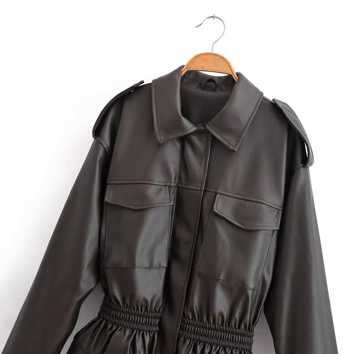 Women's belted two-tone faux leather jacket