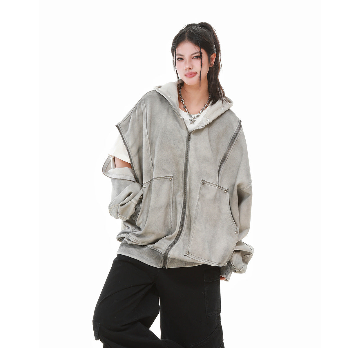 Image of Sudadera con capucha y cremallera de mezcla de algodón, corte holgado