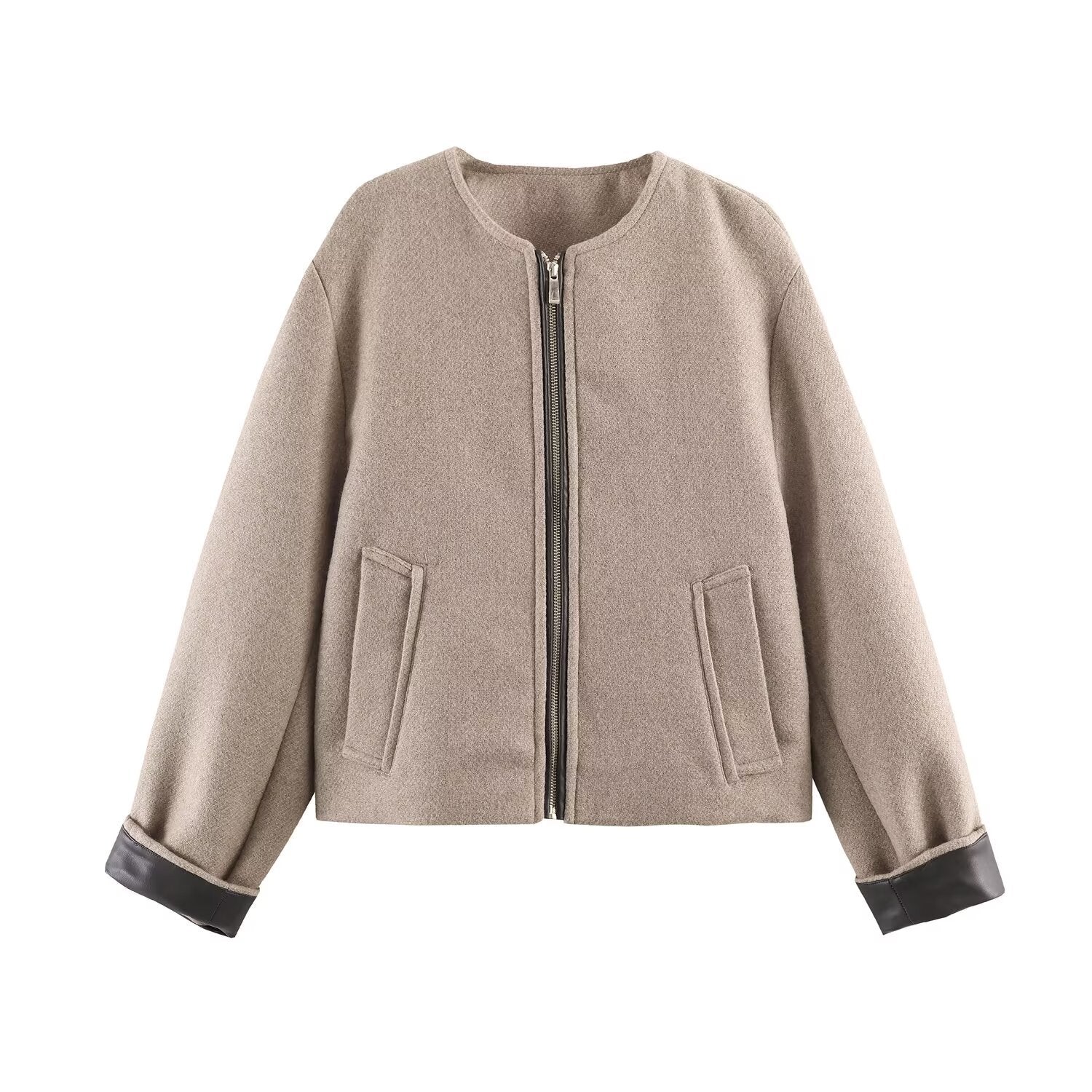 Image of Zeratta Khaki leather-look zip-up decorative jacket