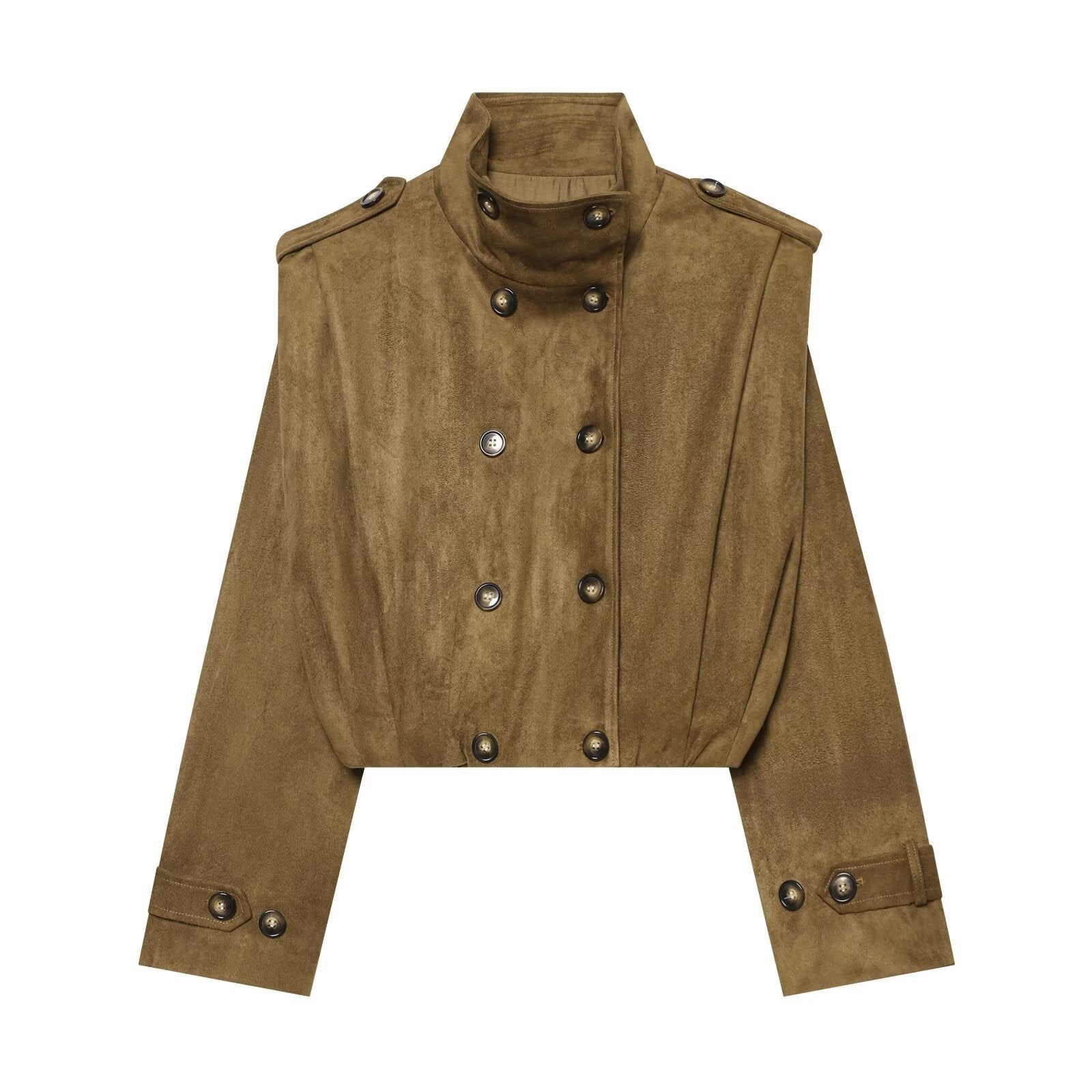 Image of Women's camel pleated stand collar trench coat