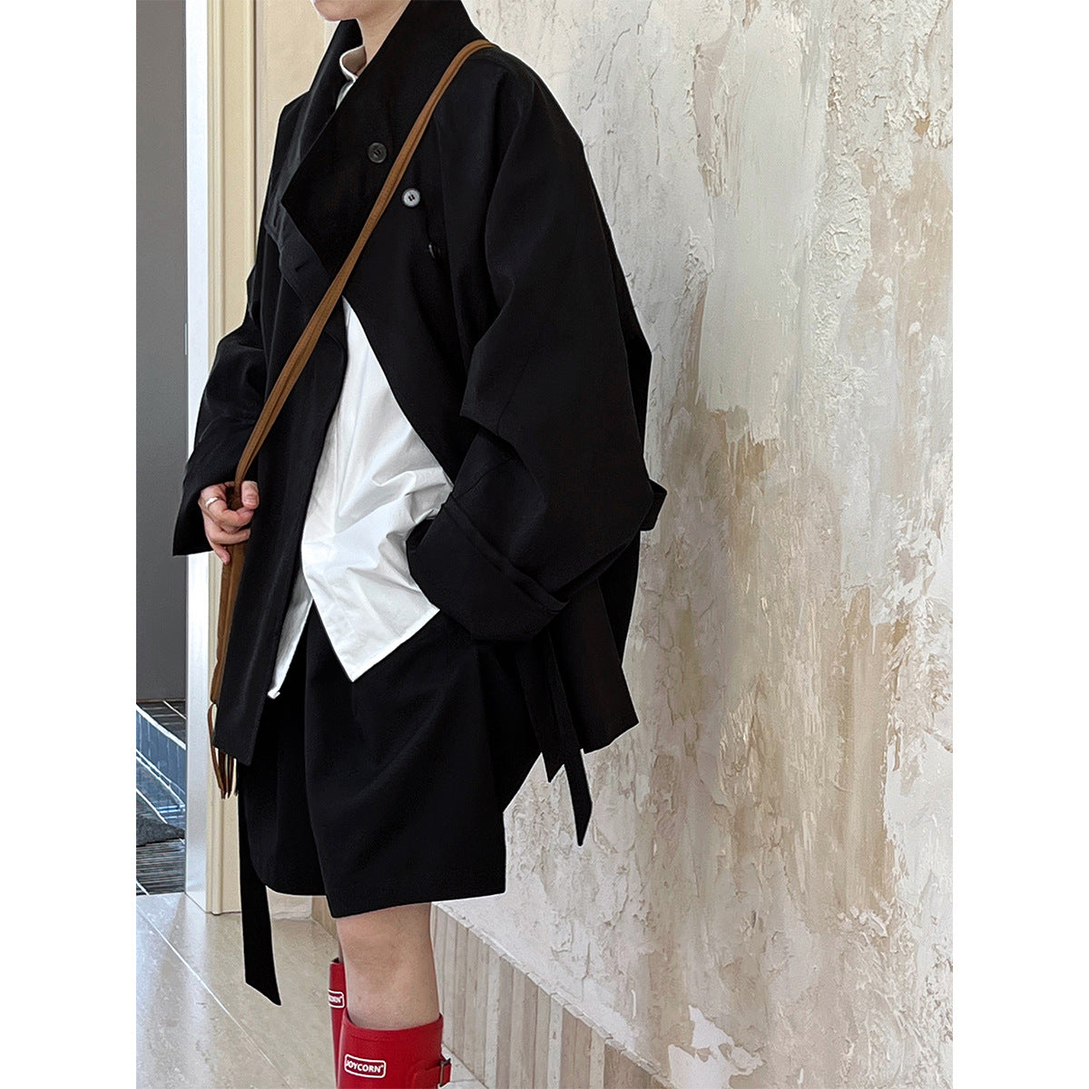 Image of Women's lace-up stand collar short trench coat