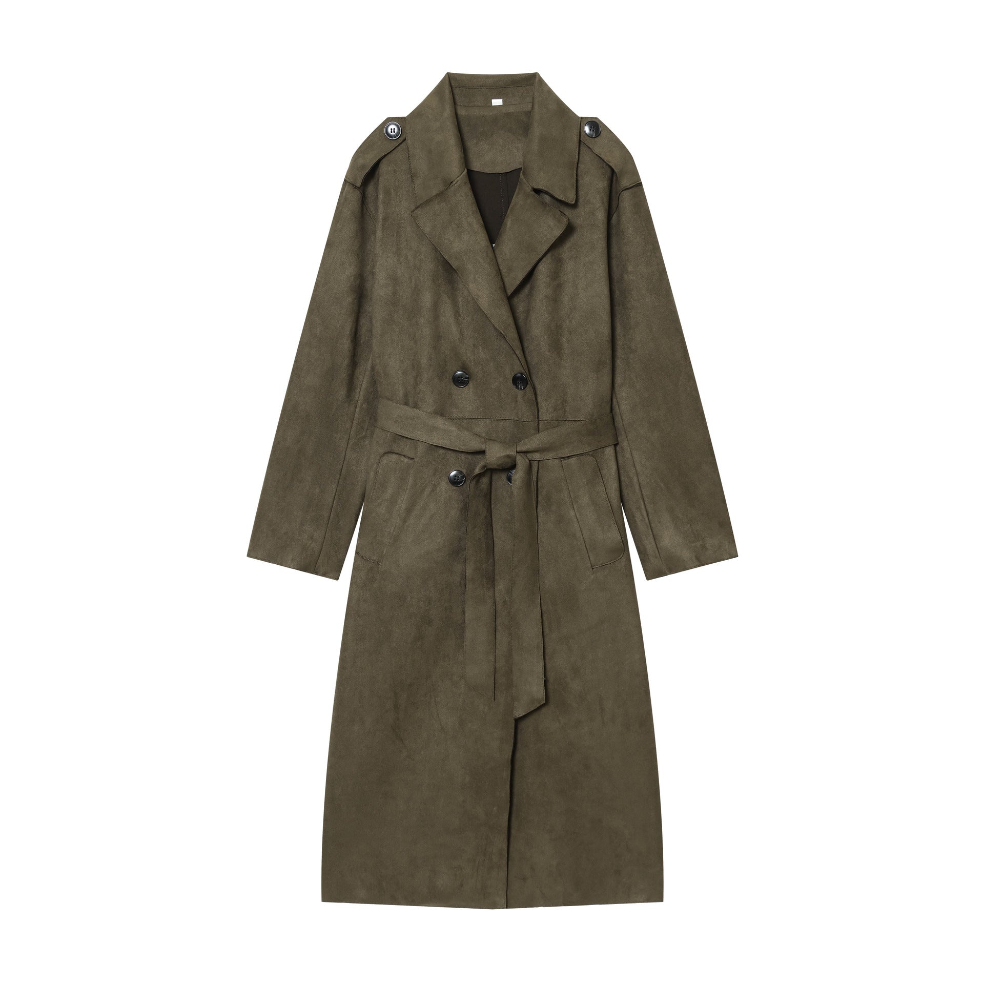 Image of Zeratta Women's olive green suede-effect zip-up trench coat
