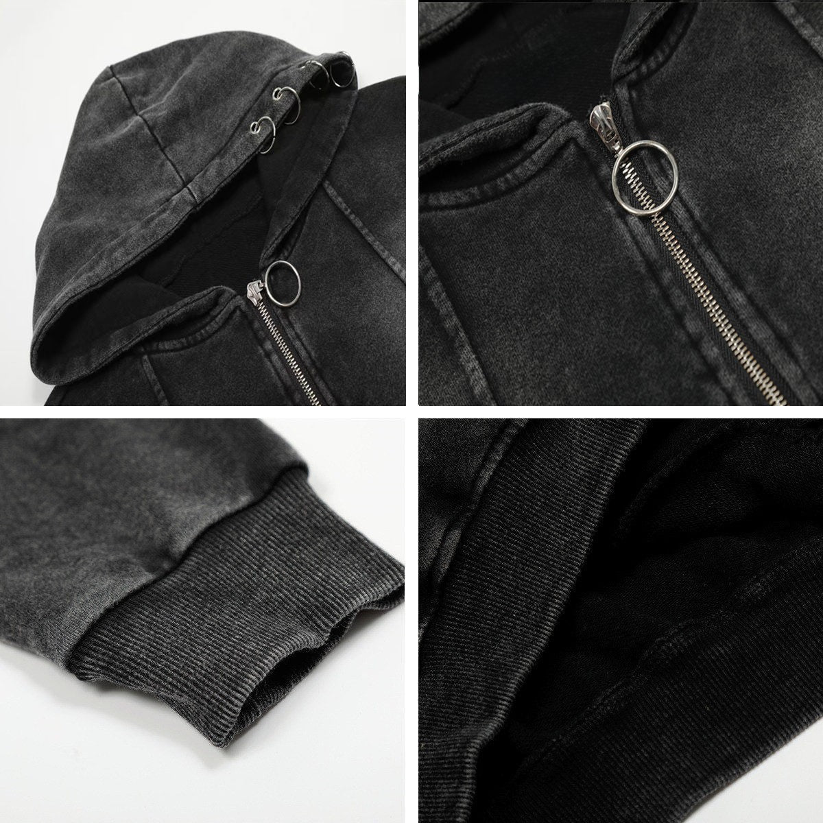 Image of Black distressed cotton zip-up hoodie