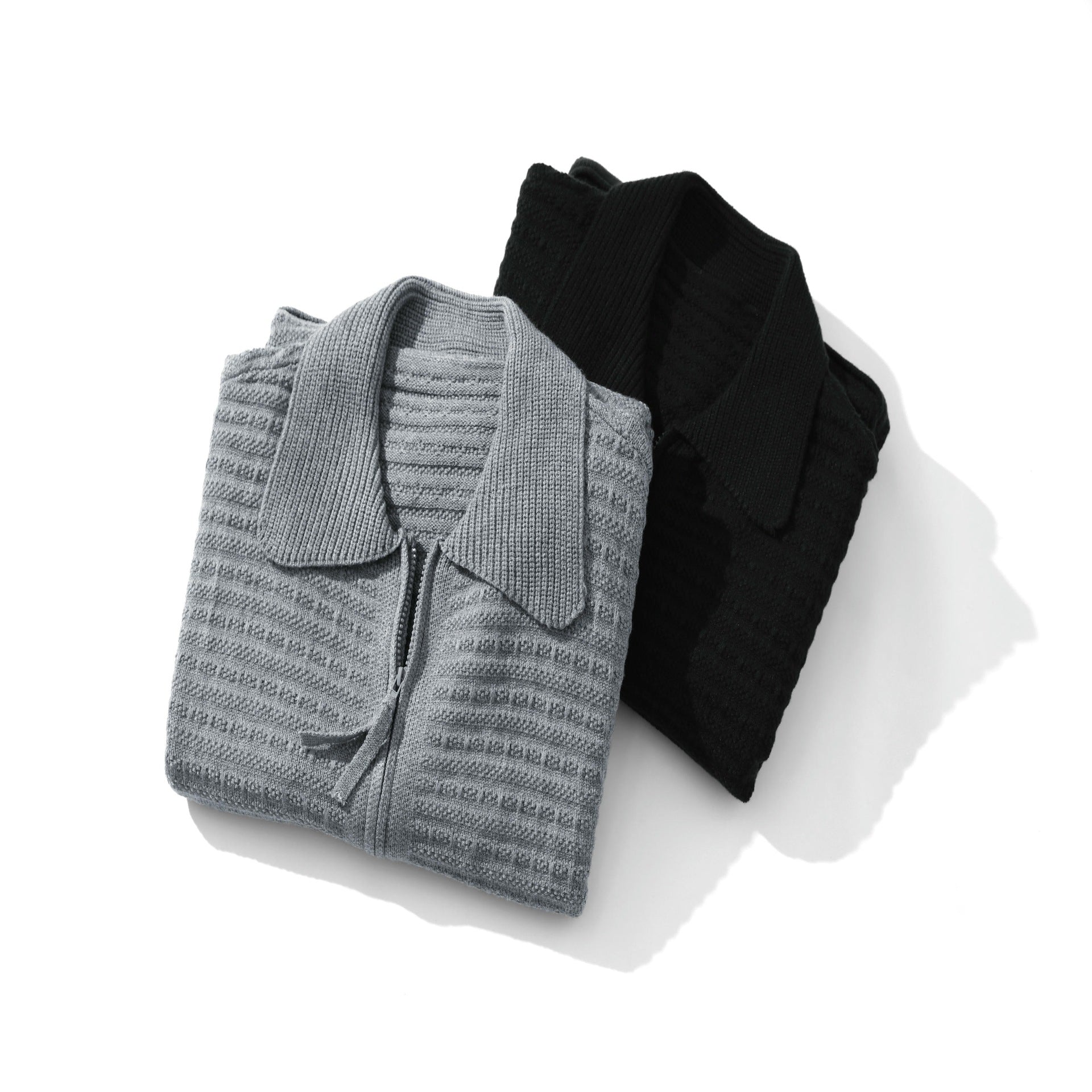 Image of Acrylic knit collared zip-up cardigan