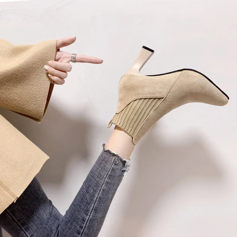 Image of Women's knitted pointed toe high heel ankle boots