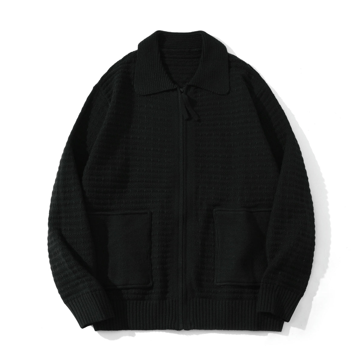 Acrylic knit collared zip-up cardigan