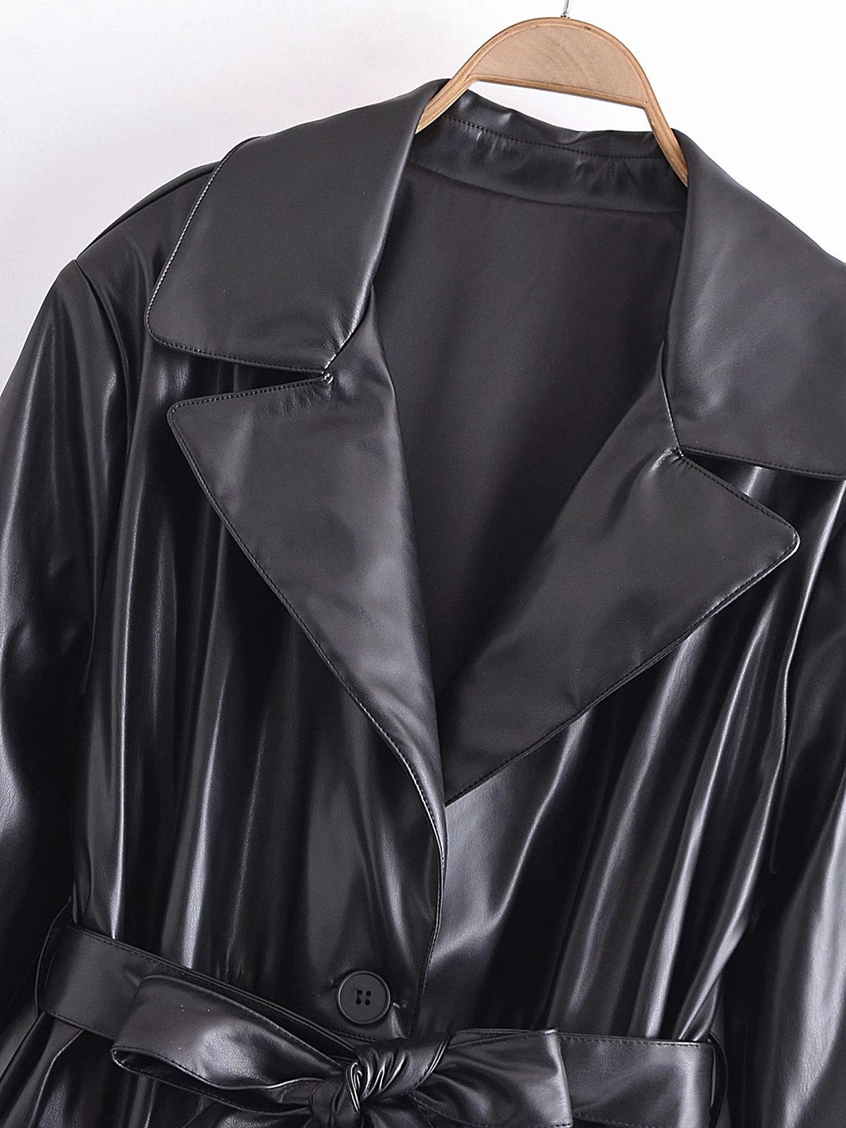Black belted faux leather trench coat