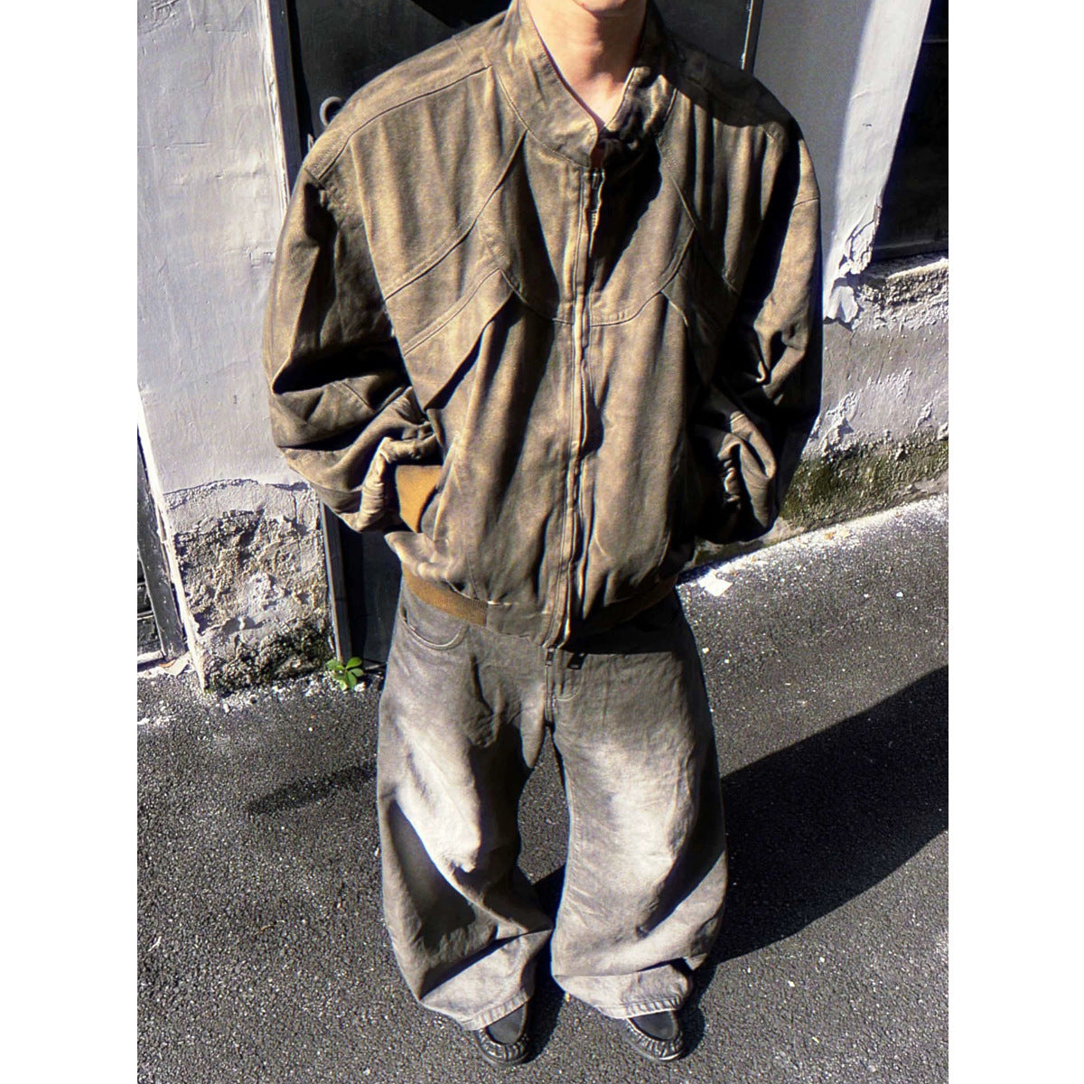 Men's distressed khaki cotton harrington jacket