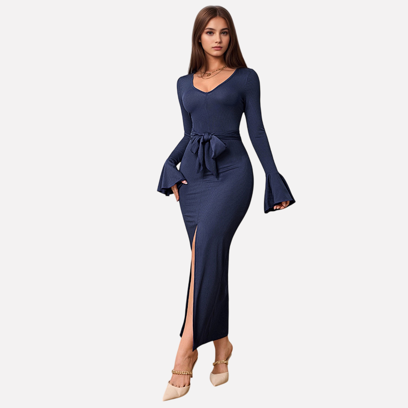 Vestido largo con cuello en V y cordones para mujer