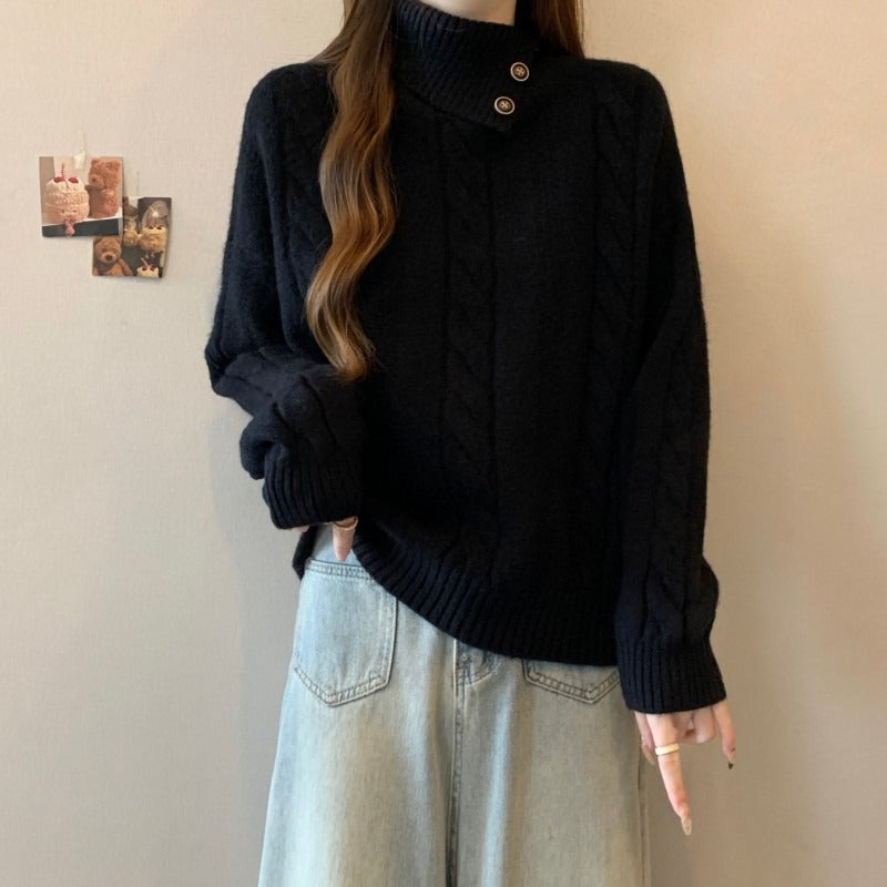 Women's asymmetric lapel cable knit sweater
