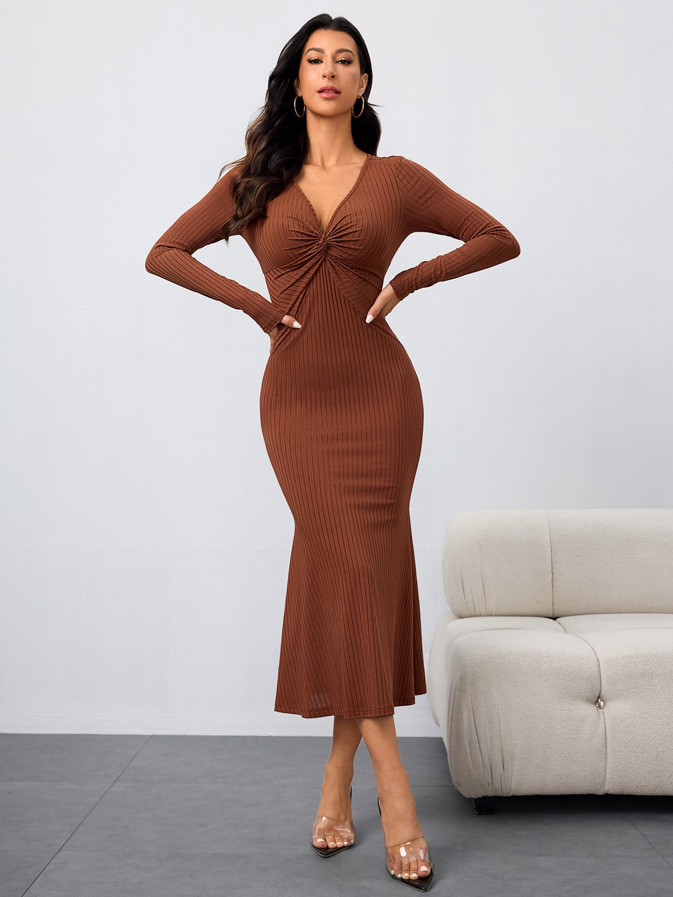 Image of Women's Brown Pleated Fishtail Maxi Dress