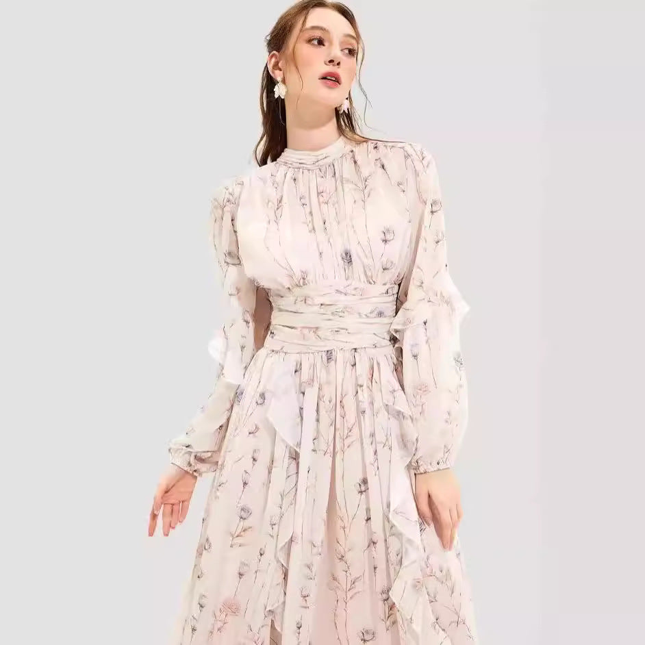 Image of Vestido largo de gasa con volantes en color albaricoque para mujer
