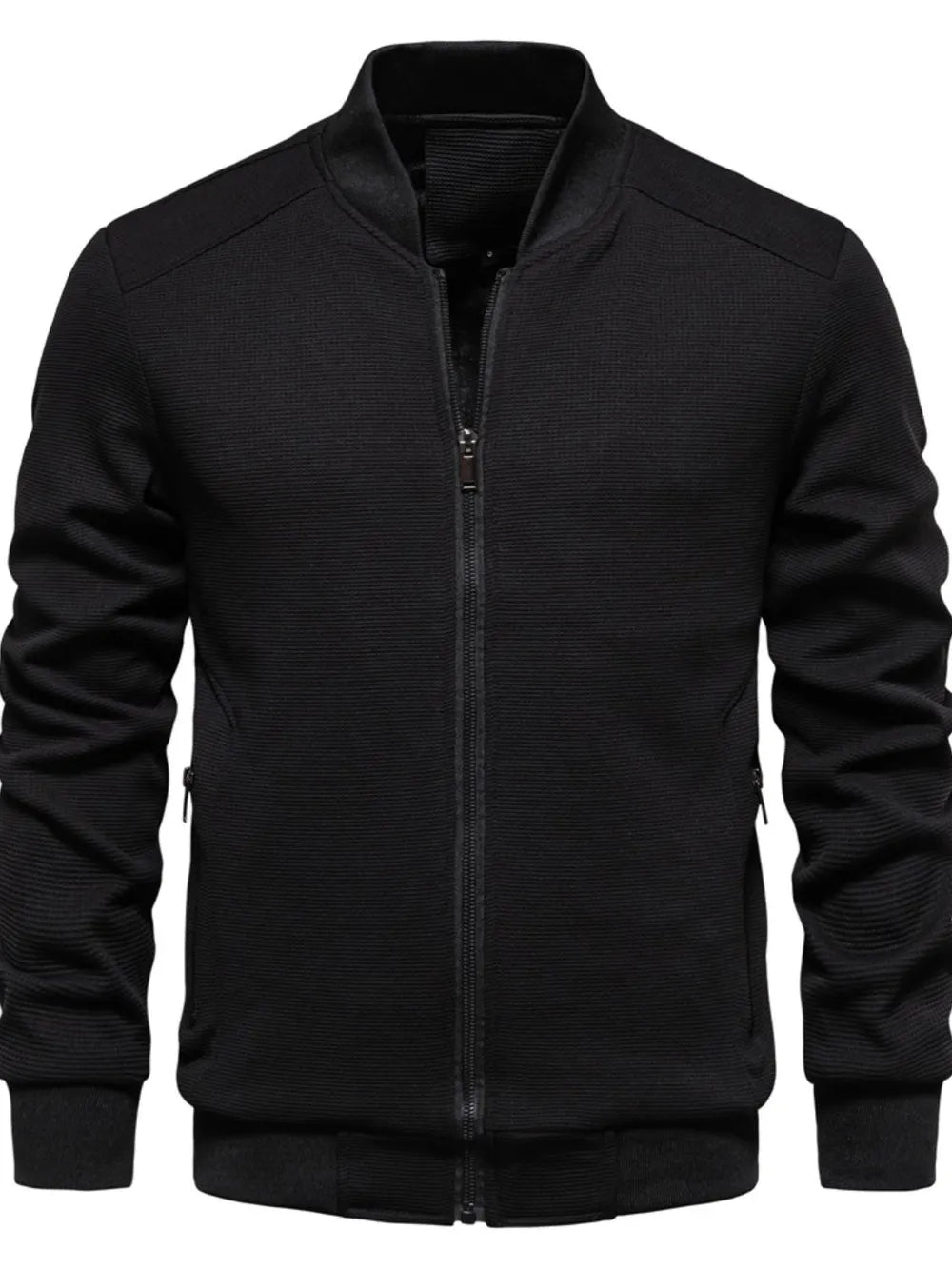 Image of Men's waffle knit baseball collar zip-up jacket