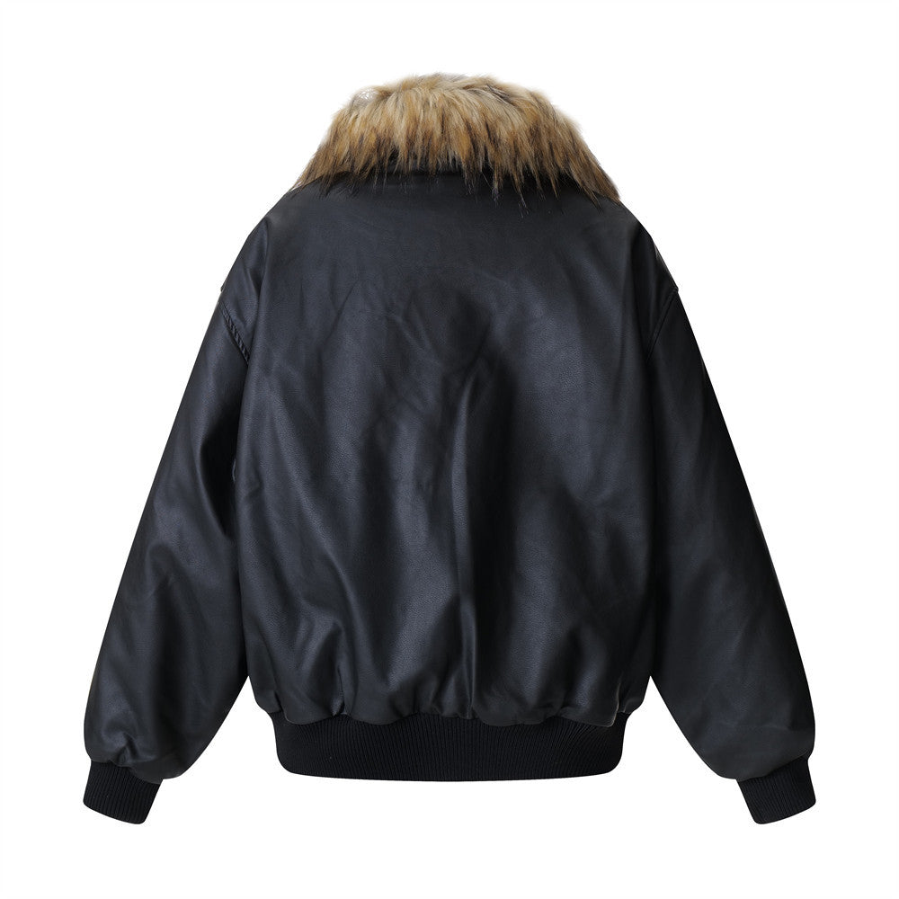 Black faux leather zip-up jacket with fur collar