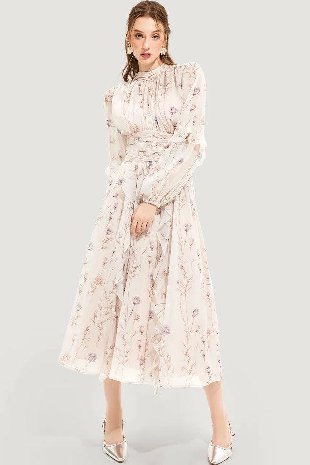 Image of Vestido largo de gasa con volantes en color albaricoque para mujer