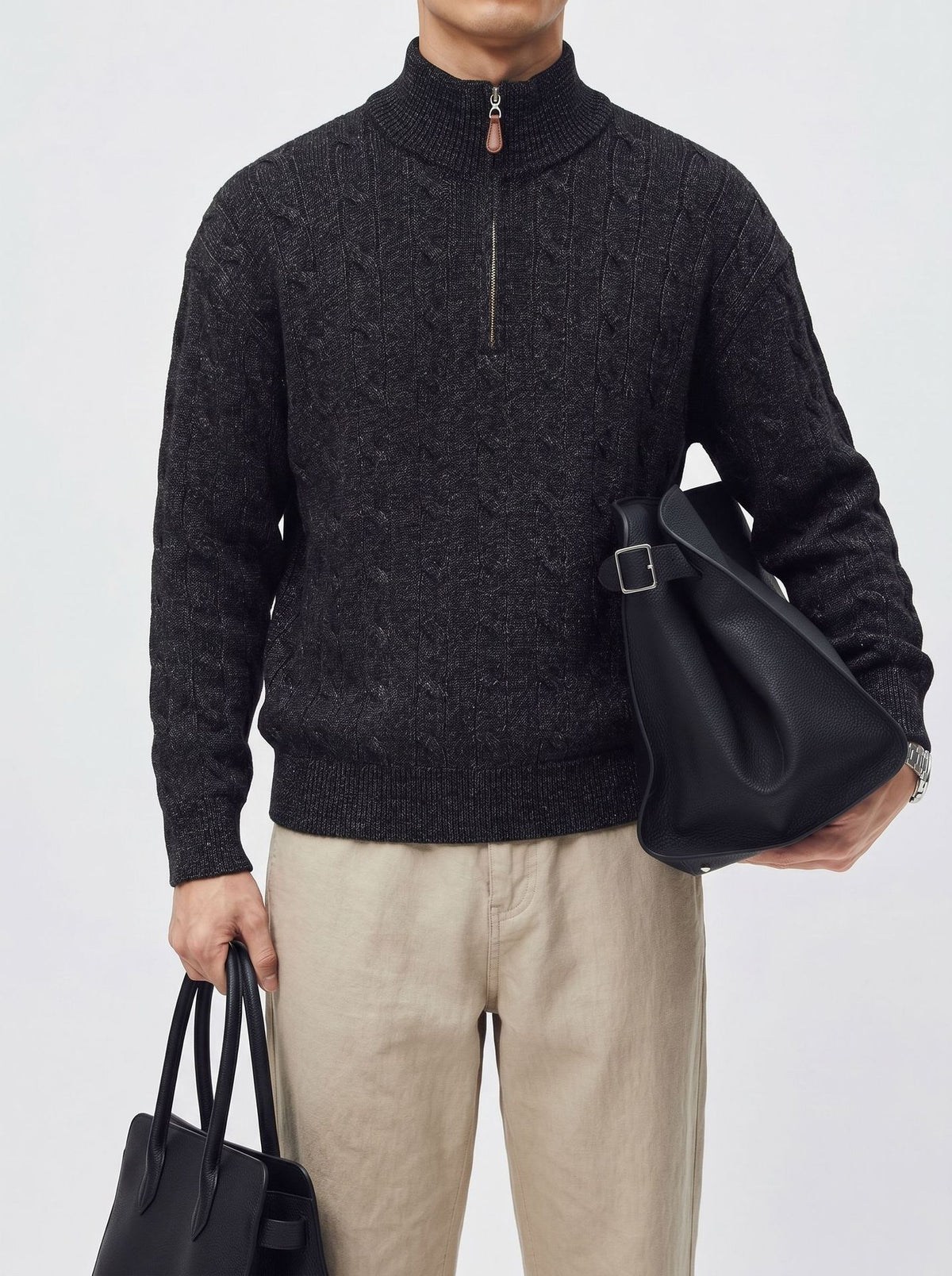 Men's loose fit stand collar half-zip sweater