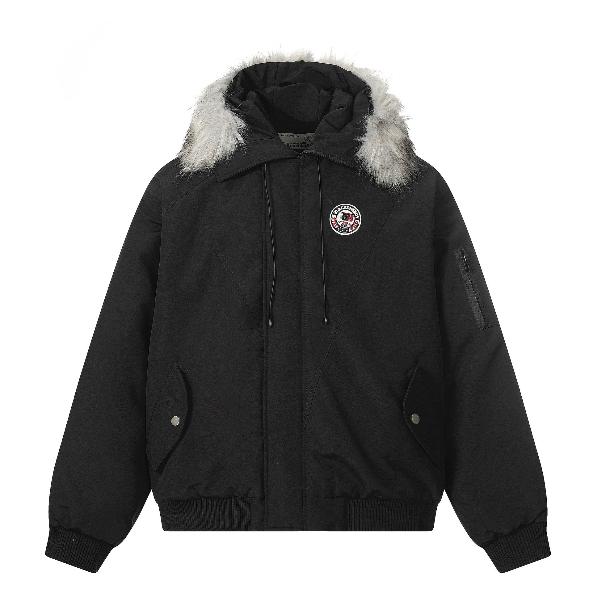 Image of Cotton padded zip-up jacket with fur collar