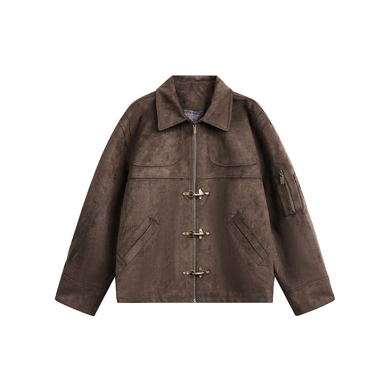 Image of Chaqueta unisex vintage de poliéster con botones a presión y efecto desgastado