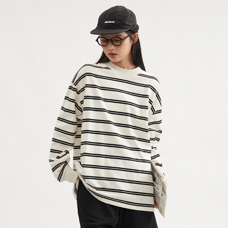 Unisex striped cotton long-sleeve crewneck t-shirt