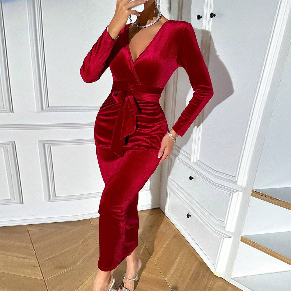 Women's Red Lace-Up V-Neck Midi Dress