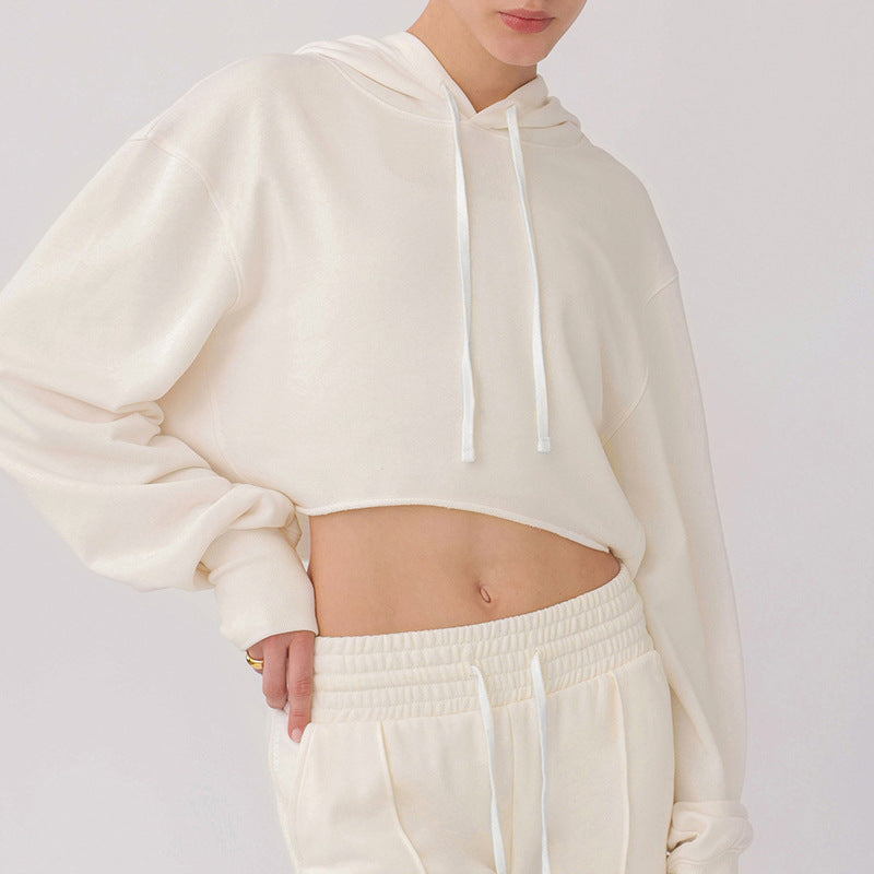 Image of Women's raw-edge cropped cotton pullover hoodie, additional variant view 1