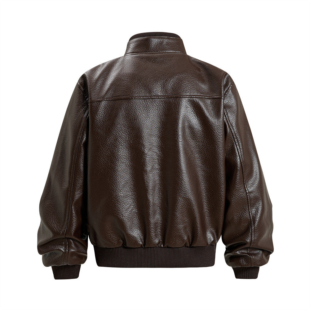 Stand collar faux leather utility zip-up jacket