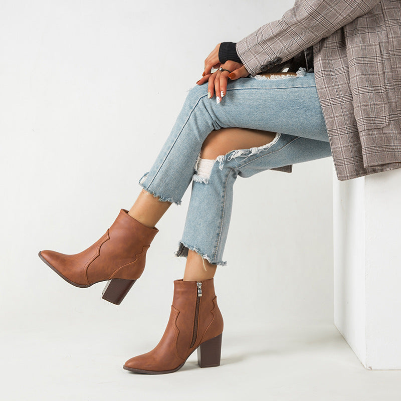 Women's 8cm block heel faux leather ankle boots