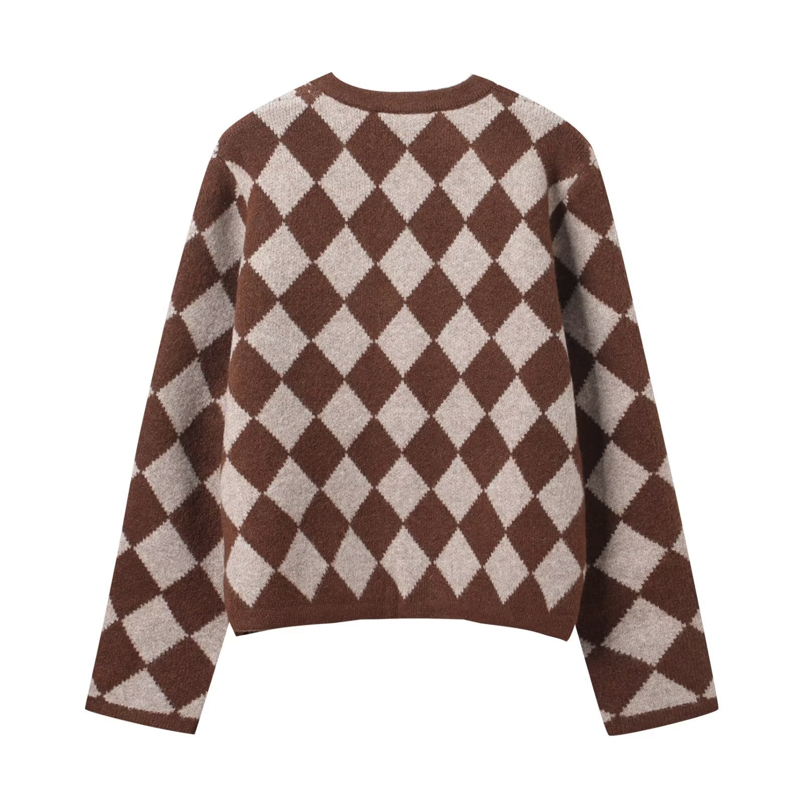 Image of Brown diamond jacquard button-front knit cardigan