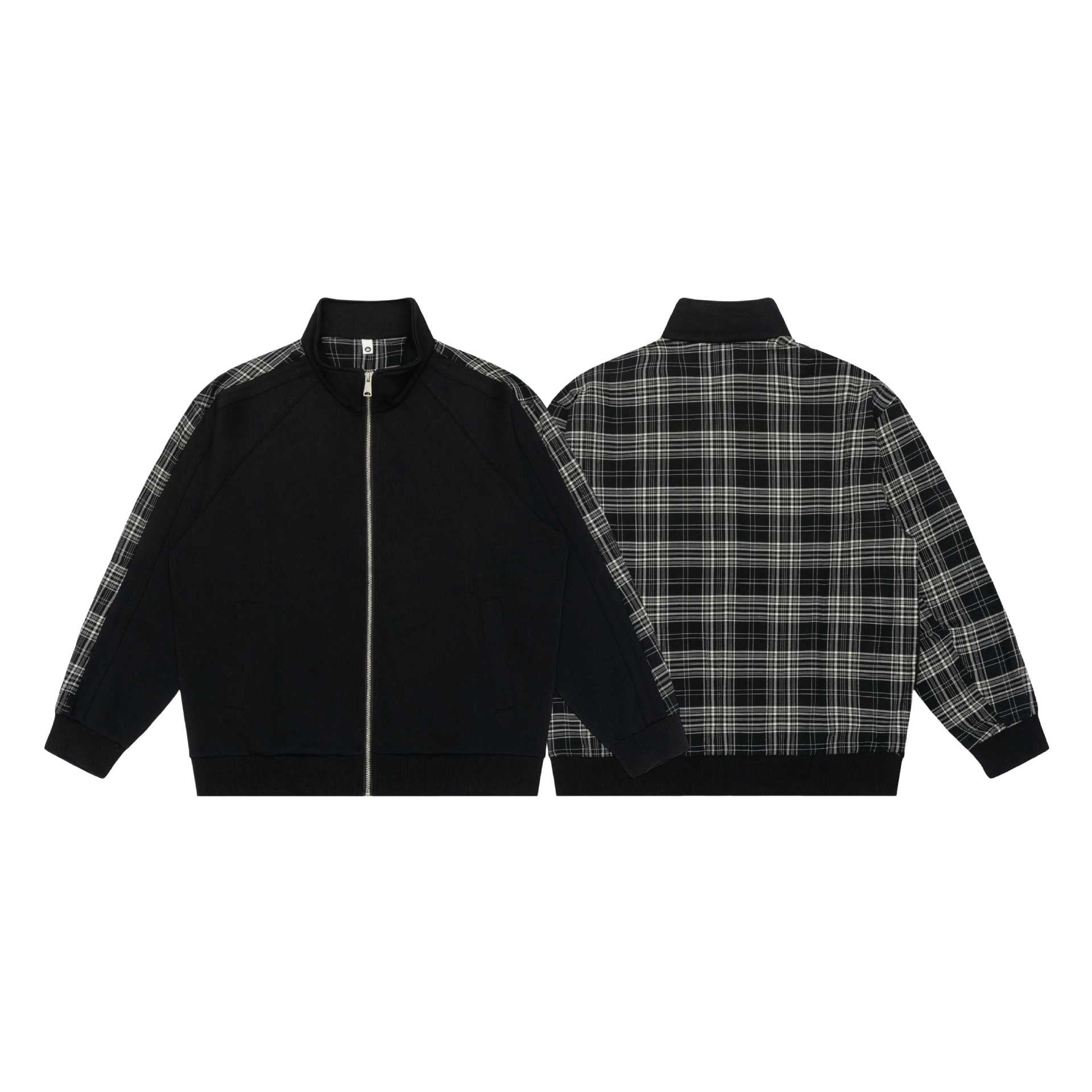 Image of Sudadera con capucha y cremallera, cuello subido y diseño de retazos a cuadros
