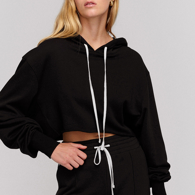 Image of Women's raw-edge cropped cotton pullover hoodie, additional variant view 2
