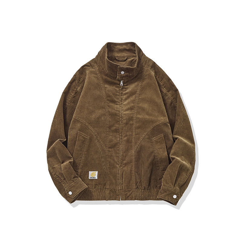 Image of Chaqueta de pana tipo patchwork con cuello alzado y cremallera