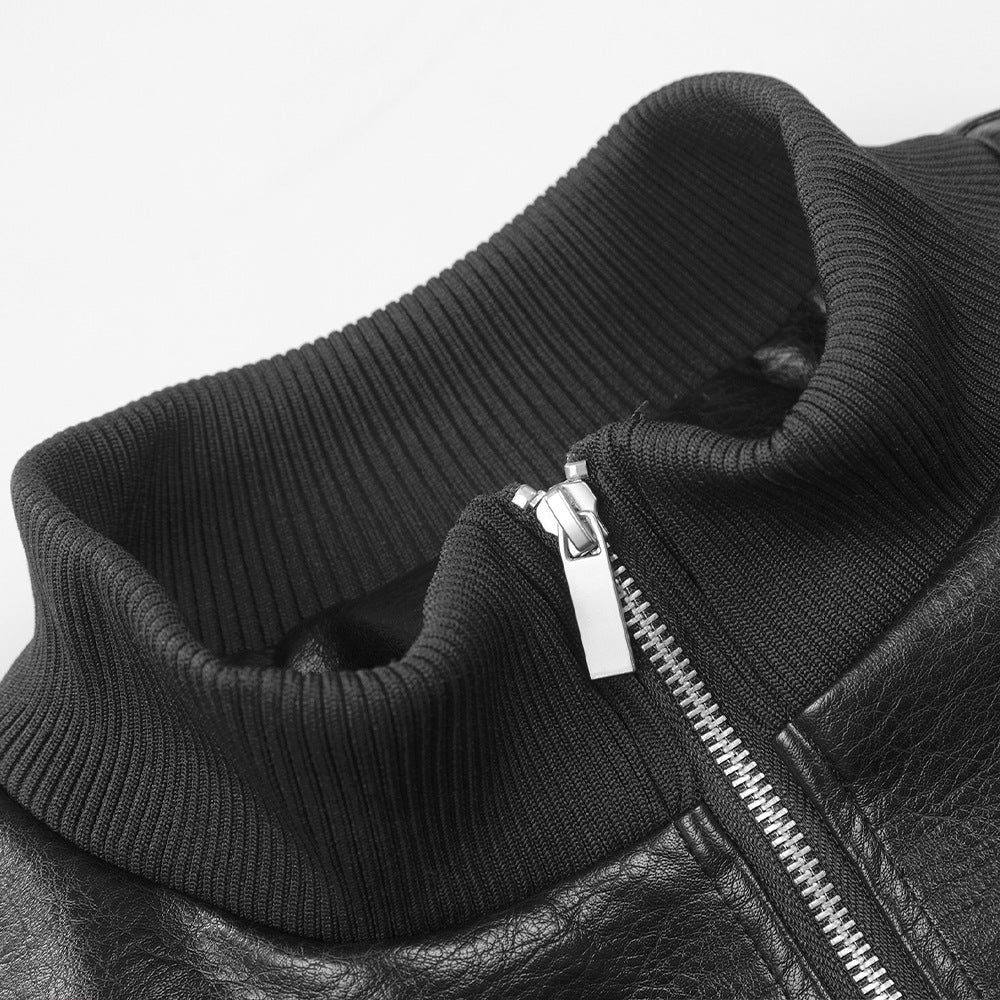 Image of Black stand collar faux leather zip-up jacket