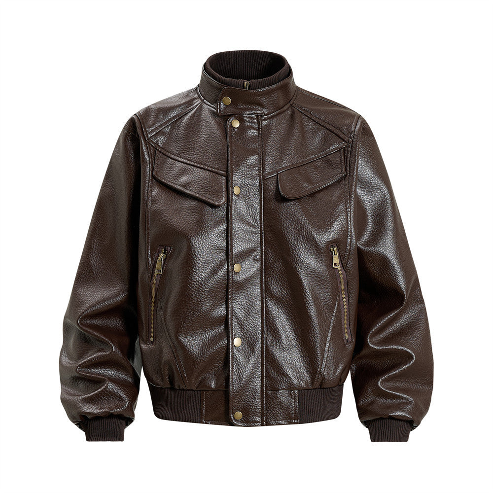 Image of Zeratta Stand collar faux leather utility zip-up jacket