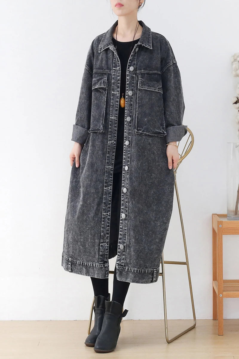 Image of Women's gray washed denim-look long trench coat